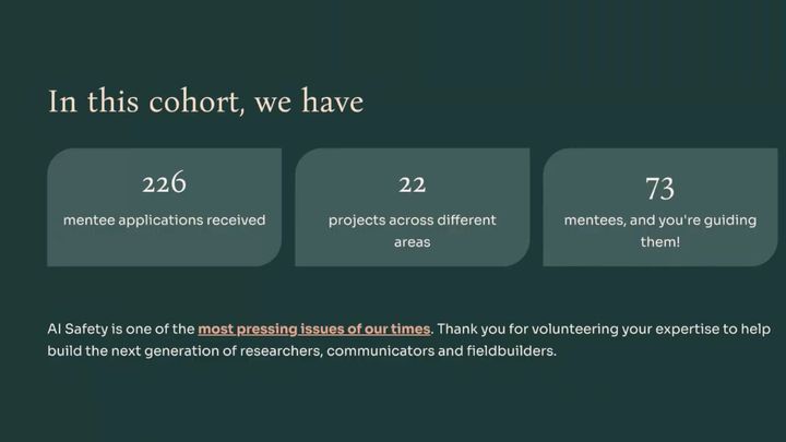 Slide from the first incubator kick-off: 226 mentee applications received, 22 projects across different areas, 73 mentees